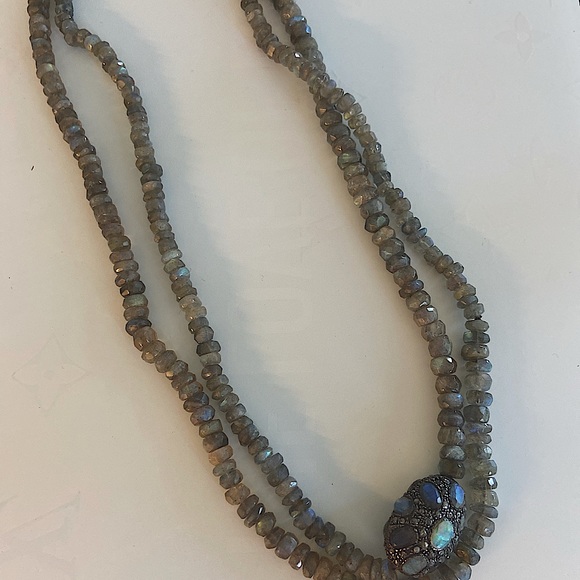 Labradoritediamonds center stone is an opal 40 inch total length necklace.